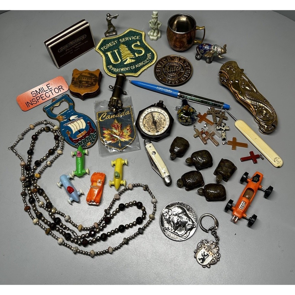 Junk Drawer Lot VTG Estate Kitsch Novelty Mini Cars Jewelry Knife Pin Cushion